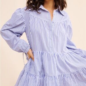 Blue Striped Long-Sleeve Tiered Shirt Dress